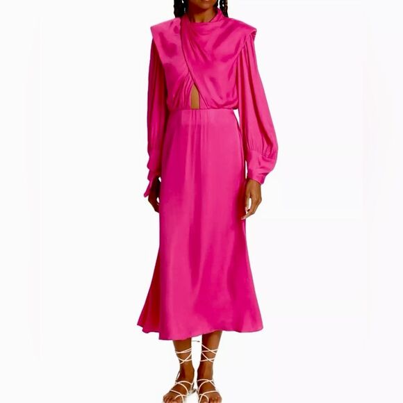 SOLD FARM Rio Pink Shoulderpads Maxi Dress Satin Like Cutout Size XL - Picture 5 of 15